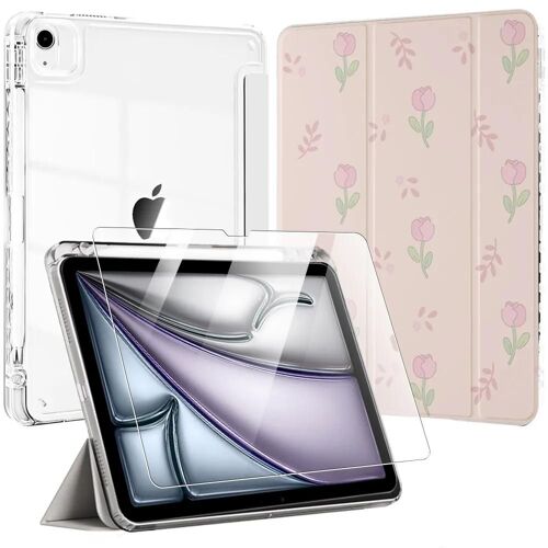 Coque + Verre Trempé Pour Ipad Air 11 Pouces 2024/2025 M2/M3, Avec Support Et Porte-Stylet - Motif Fleur - Efconnection