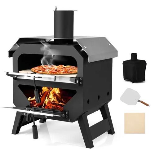 Four à Pizza Extérieur à Bois COSTWAY Pierre à Pizza-Pelle-Températures 510°C-Housse de Pluie-Multi-Combustibles-Toit en Acier