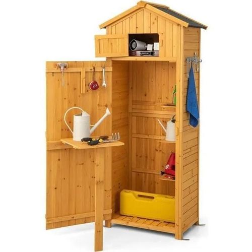 Costway Armoire De Jardin En Bois De Sapin - Toit En Asphalte Imperméable, Remise Pour Outils - 3 Etagères - 8 Crochets