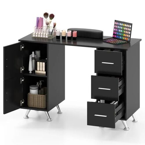 COSTWAY Table de Manucure - 3 Tiroirs et 2 Armoire, Coussin de Poignet Amovible 108x45x76 CM Idéal pour Studio d¿Onglerie