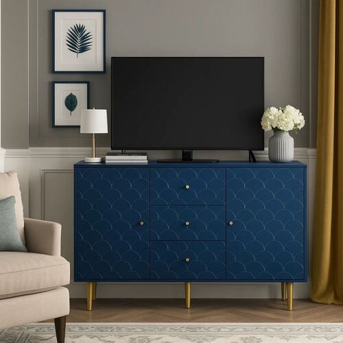 Meuble TV bleu sculpté avec rangements et pieds dorés