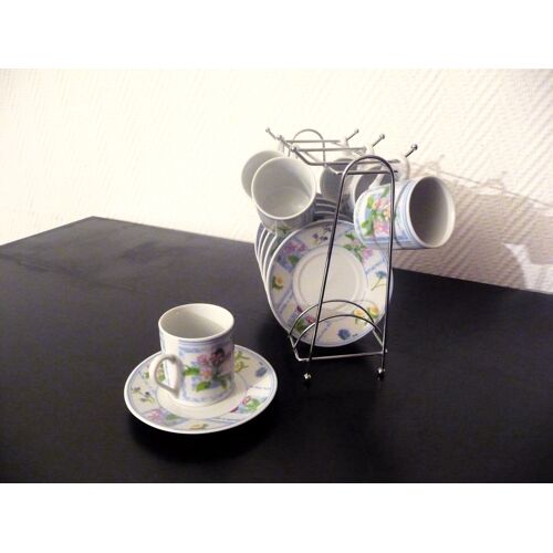 Service À Café En Porcelaine Multicolore Avec Support, 6 Tasses, Soucoupes-