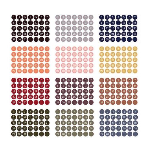 Lot De 12 Autocollants Ronds Colorés Avec Chiffres Et Date