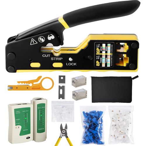 GKWL-Professionnel Network D¿Installation Kits,Pince À Sertir Rj45 Avec 50 Connecteurs Rj45 Cat6/5 Pass Through,Testeur Rj45/Rj11,Pince Coupante,Lsa Outil De Montage,Mini Pince À Dénuder