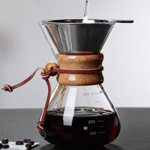 Cafetière à verser, filtre à double couche de 400 ml, bec en V, manchon en bois, cafetière pour la maison, le café, la fête