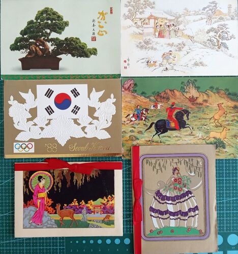 Lot 6 Cartes De Voeux Corée Et Iran Années 80 : Scène De Chasse, Bonsaï, Jeux Olympique Séoul, Geisha, Jeunes Chrétiens Noël...