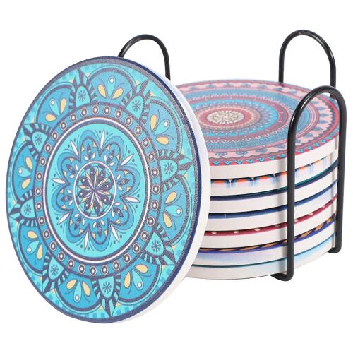 Sous-Verres Pour Boissons,8 Sous-Verres Absorbants En Pierre Pour Table En Bois,Sous-Verres En Céramique Mandala Avec Cor