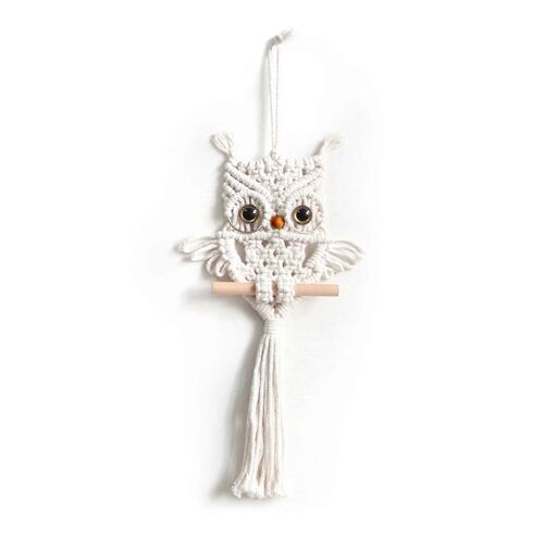 Suspension murale tissée en macramé motif hibou,blanc crème