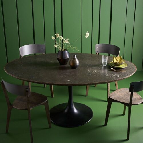 Table à manger en chêne, métal et pierre bleue L180 cm