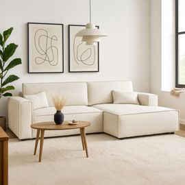 Canapé D'angle Droit Convertible 3 Places - Tissu Bouclé Beige