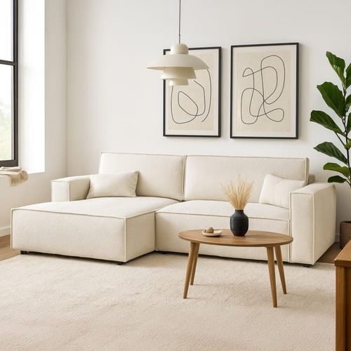 Canapé D'angle Gauche Convertible 3 Places - Tissu Bouclé Beige