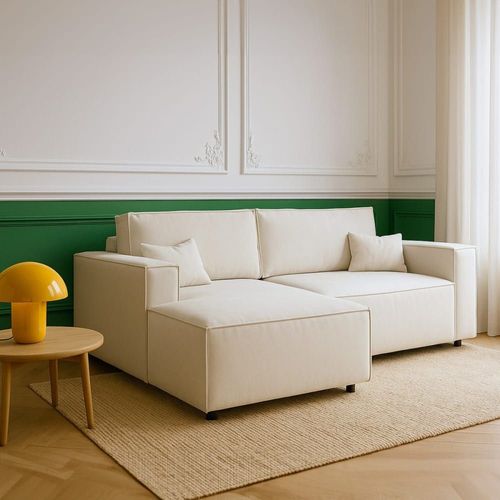Canapé D'angle Gauche Convertible 3 Places - Tissu Chenille Beige