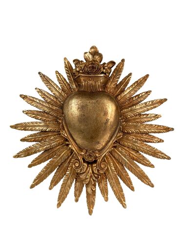 Déco Murale Ex-Voto Coeur Plumes Doré 24.7x25.3cm