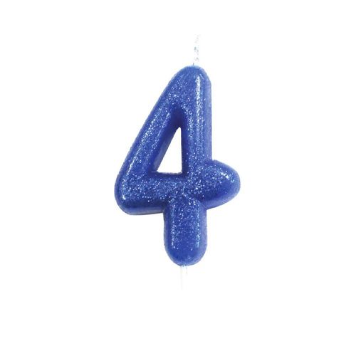 BOUGIE CHIFFRE 4 ANNIVERSAIRE 7CM PAILLETÉ BLEU
