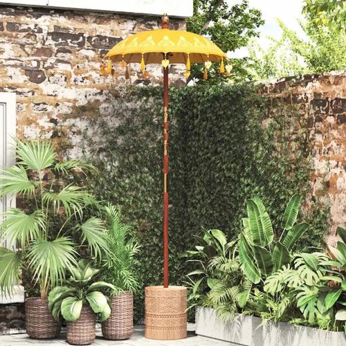 Parasol Avec Base Jaune, Marron 250 Cm Coton, Bois
