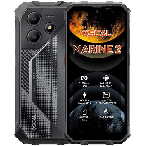 Oscal MARINE 2 Téléphone Portable Incassable 12Go+64Go-SD 2To 6.56" 90Hz Gemini AI 2.0 11000mAh Android 15 Double SIM 4G GPS - Noir
