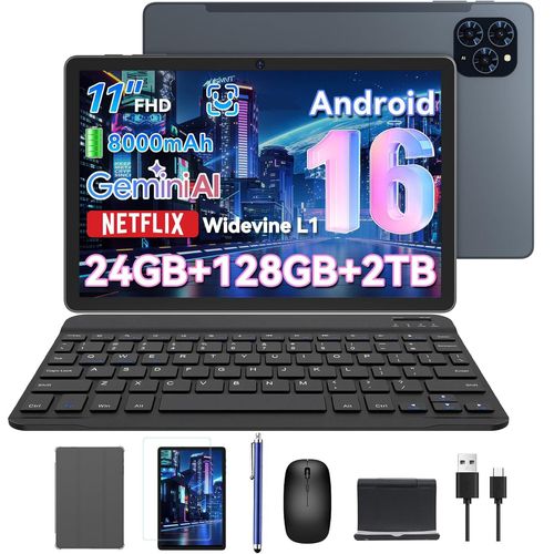 Zenva T90 Tablette Tactile x Gemini AI 11" FHD,Android 16,RAM 24Go ROM 128Go-SD 2To,8000 mAh,Avec Clavier,Etui,Stylet,Souris.