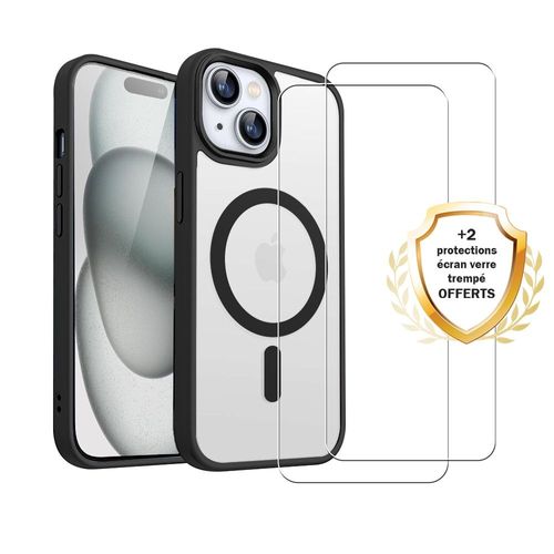 Coque Iphone 15 Transparente Compatible Magsafe Contour Noir + 2 Vitres Protection Ecran Evetane
