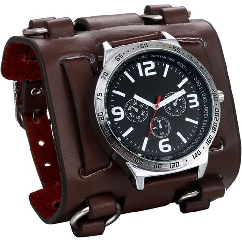 Montre Avec Large Bracelet En Cuir Marron/Noir Pour Homme,Garçon