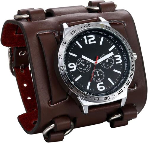 Montre Avec Large Bracelet En Cuir Marron/Noir Pour Homme,Garçon