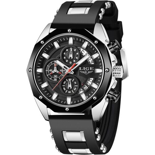 Montre Pour Homme-Étanche-Rétro-Chronographe Lumineux-Bracelet En Silicone Noir-Quartz Analogique-Avec Date-Vintage-Cadeau Pour Homme-Argent Et Noir,Noir/Argenté,Classique