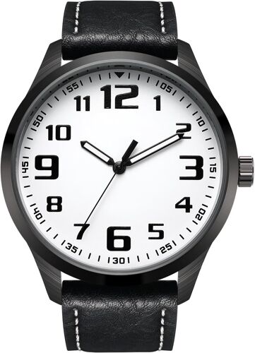 Montre Pour Homme Avec Grand Cadran Blanc,Chiffres Arabes,Ceinture Noire,Montre Pour Homme.[J520]