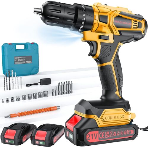 Perceuse Visseuse Sans Fil 21V Avec Batterie 4000mAh, 45Nm de couple max 25+3 positions de couple(2 vitesses & LED), 2 batteries 2,0Ah et chargeurpour la maison et le jardin projet DIY (Jaune)