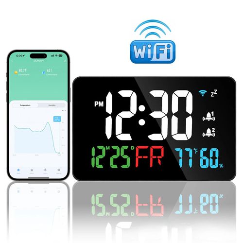 KAVRL-Horloge Murale Numérique Intelligente Wifi, Affichage De La Température Et De L'Humidité, Luminosité À 4 Niveaux, Table De Bureau, Réveil Électronique Led, Décoration De La Maison,Green