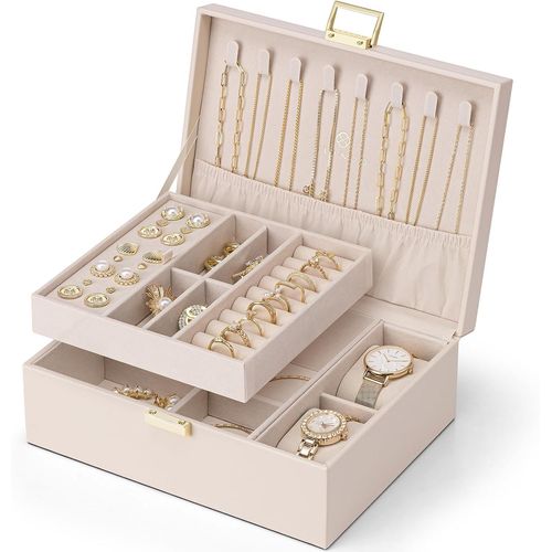 Sjzg-Boîte À Bijoux Pour Femme Et Fille - 2 Niveaux - En Cuir Synthétique - Organiseur De Bijoux Pour Femme - Boîte À Bijoux - Rangement De Montres - Pour Bagues, Boucles D'oreilles, Colliers - Rose
