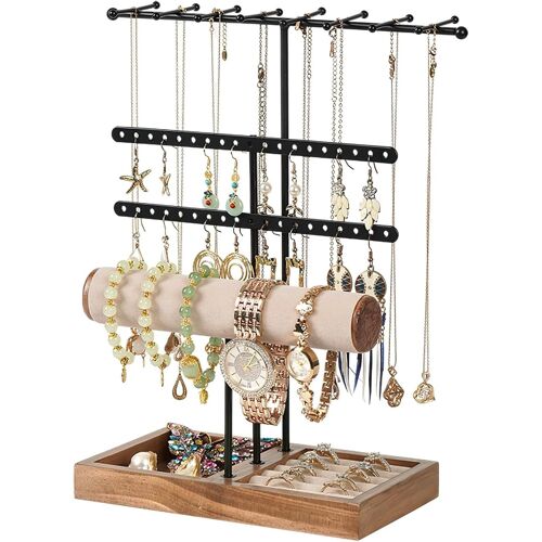 Jexnovashop-Présentoir À Bijoux, Presentoir Boucle D'oreille Avec Base En Bois, Avec 38 Trous, Porte Bijoux Femme Pour Colliers, Bracelets, Boucles D¿Oreilles, Pinces, Bagues (A)