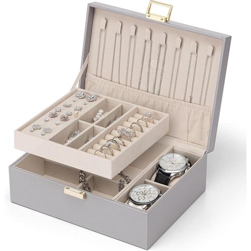 Sjzg-Boîte À Bijoux Pour Femme Et Fille - 2 Niveaux - En Cuir Synthétique - Organiseur De Bijoux Pour Femme - Boîte À Bijoux - Rangement De Montres - Pour Bagues, Boucles D'oreilles, Colliers - Gris