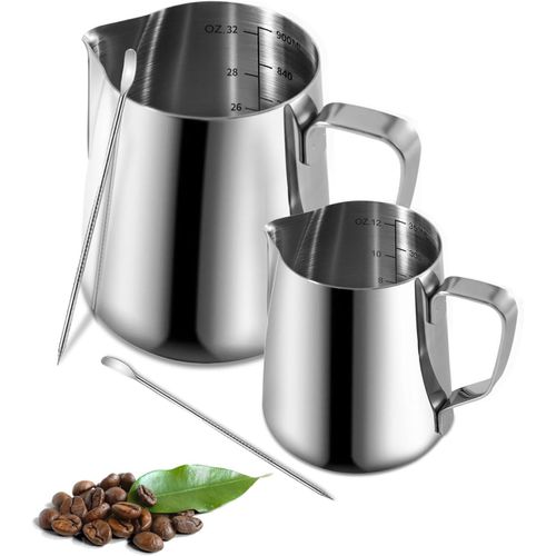 2 Pièces Pichet Lait Inox, 350Ml 900Ml Pot À Lait Avec Lignes De Mesure Et Latte Art Pen, Milk Frother, Pichets-Mousseurs À Lait Pour Cappuccino, Expresso, Latte Art