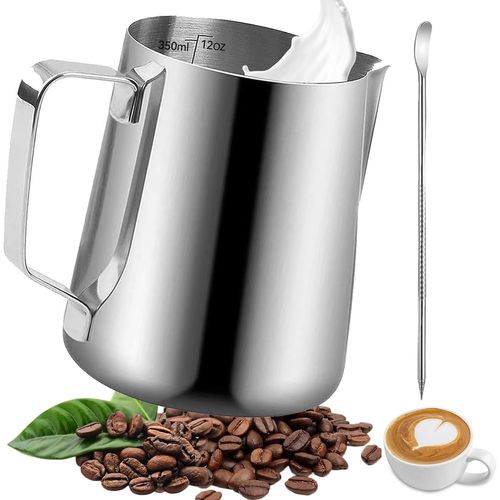 CHAAS-Pichet Lait Inox, 350ml Pot à Lait Avec Lignes de Mesure et Latte Art Pen, Milk Frother, Pichets-mousseurs à lait pour Cappuccino, Expresso, Latte Art