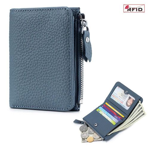 Portefeuille Court En Cuir Véritable Pour Hommes Et Femmes,Mignon,De Luxe,Solide,Fermeture Éclair,Porte-Monnaie,Rfid,Porte-Carte De Crédit Bancaire,Petit Sac D'Argent Mince.Denim Blue.