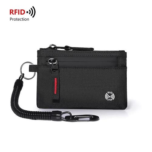 Rfid Porte-Carte De Crédit Hommes Portefeuilles De Luxe En Nylon Mince Portefeuille Fermeture Éclair Porte-Carte Clé Mâle Tactique Sac À Main Porte-Monnaie Avec Mousqueton..Red Zipper And Hook