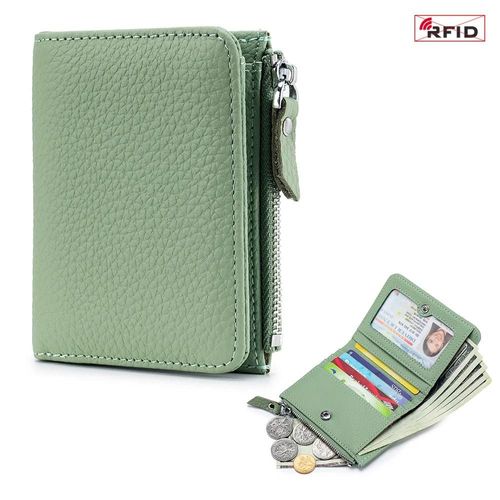 Portefeuille Court En Cuir Véritable Pour Hommes Et Femmes,Mignon,De Luxe,Solide,Fermeture Éclair,Porte-Monnaie,Rfid,Porte-Carte De Crédit Bancaire,Petit Sac D'Argent Mince.Light Green.