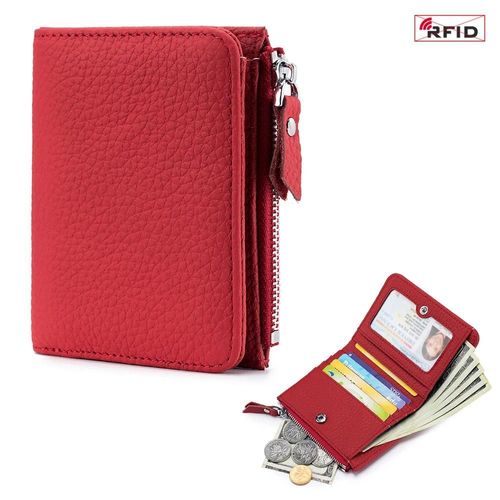 Portefeuille Court En Cuir Véritable Pour Hommes Et Femmes,Mignon,De Luxe,Solide,Fermeture Éclair,Porte-Monnaie,Rfid,Porte-Carte De Crédit Bancaire,Petit Sac D'Argent Mince.Rouge.