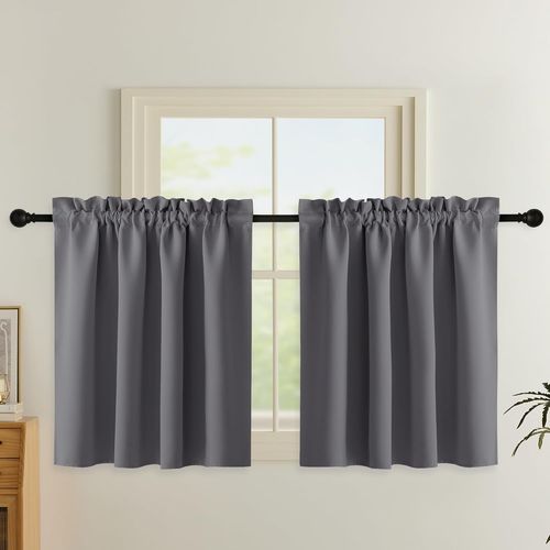 Anw-Rideau Occultant Passe Tringle-Rideau Court Draperies Brise- Bise Décoration De Petite Fenêtre,Demi Panneaux Pour Placard/Porte/Cuisine,Gris,2 Pièces,L140xh90cm