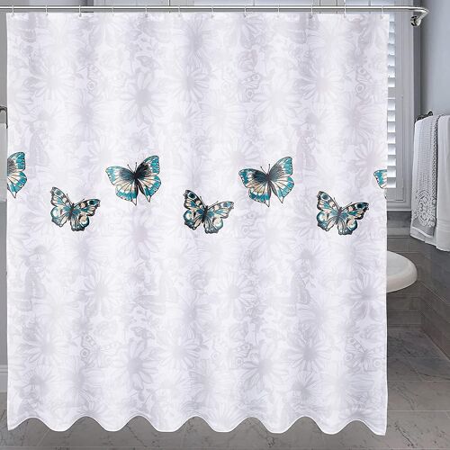 2025 - Rideau de douche papillon 180 x 180 cm, tissu polyester, imperméable, motif floral gris, lavable, séchage rapide