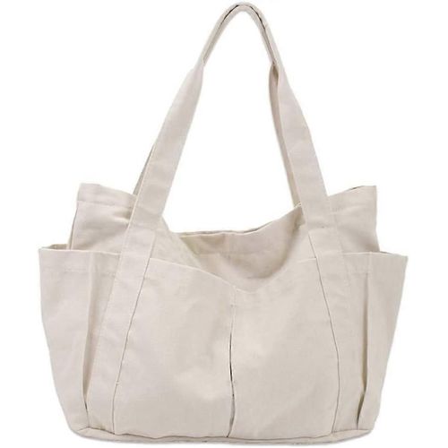 Sac à main en toile pour femme, sac à bandoulière, sac shopping lavable avec poches séparées, grande capacité, blanc