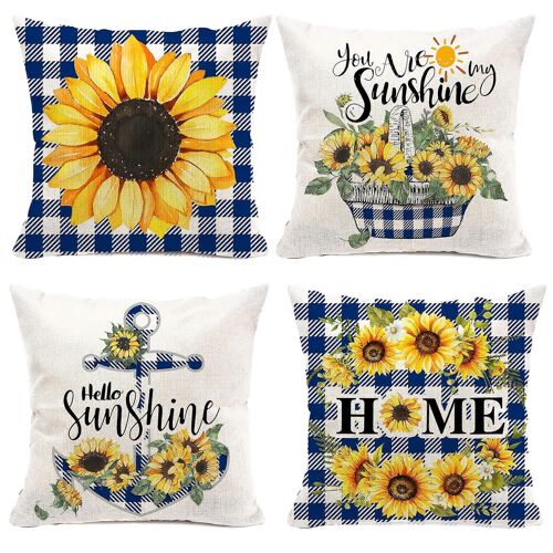 Taie D'oreiller Tournesol 45 X 45 Cm, Lot De 4 Taies D'oreiller Décoratives, Canapé D'extérieur, Plaid Bleu Buffalo, Lin, Décoration D'intérieur Tournesol