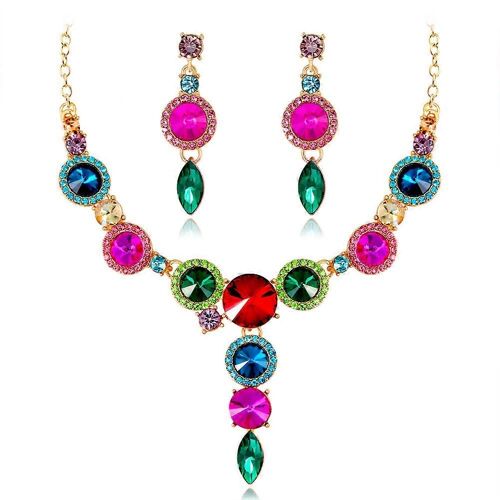 Parure De Bijoux Pour Femme, Collier Et Boucles D'oreilles En Alliage, Motif Géométrique Et Strass (Ca626-F)