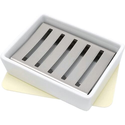 Porte-savon en céramique, porte-savon en acier inoxydable pour bain et douche, boîte à savon double couche avec silicone