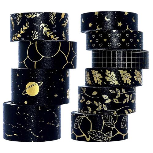 Lot De 10 Rouleaux De Ruban Adhésif Washi Noir Et Doré, Ruban De Masquage Décoratif De Qualité Supérieure, Tailles Variées, Pour Scrapbooking Et Journal