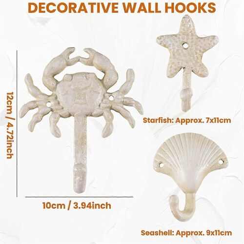 Lot de 3 crochets décoratifs en métal en fonte,motif étoile de mer,coquillage,crabe