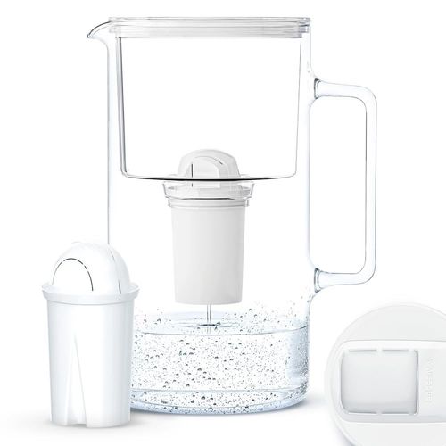 Carafe En Verre Avec 1 Filtre À Eau (Compatible Avec Brita Classic), Eau Filtrée Avec Grand Goût Et Pureté Réduit Les Dépôts De Calcaire Et De Chlore 3 Litres, Blanc