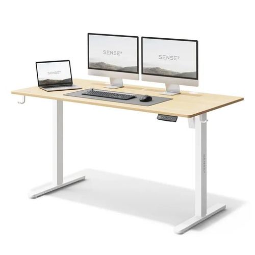 Bureau Électrique Sense7 Nojo Light 140 X 70 Cm Blanc Marron Clair- Table Gaming, Réglable Hauteur, Mémoire, Support Casque