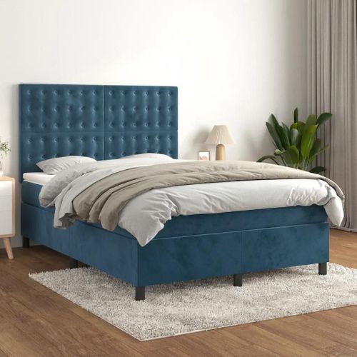 3143269 Vidaxl Lit À Sommier Tapissier Et Matelas Bleu Foncé 140x200cm Velours