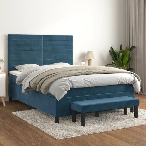 3137909 Vidaxl Lit À Sommier Tapissier Et Matelas Bleu Foncé 140x200cm Velours