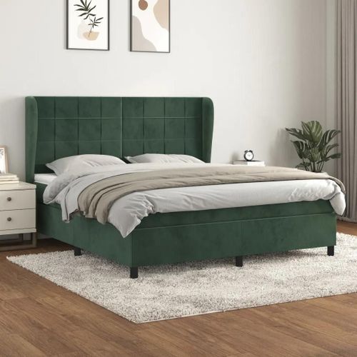 3129222 Vidaxl Lit À Sommier Tapissier Et Matelas Vert Foncé 160x200cm Velours
